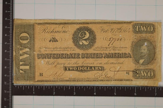 1864 CONFEDERATE STATES OF AMERICA $2 BILL