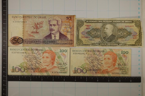 4 BANK OF BRAZIL BILLS: 1962-FIVE CRUZEIROS, 1986-