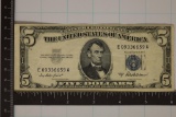 1953-A US $5 SILVER CERTIFICATE BLUE SEAL CRISP
