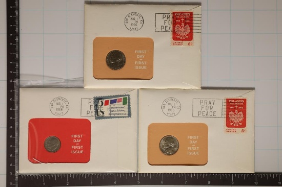 3-1ST DAY COVERS: 2-1966 JEFFERSON NICKELS & 1964