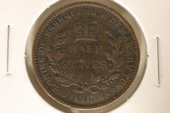 1813 ESSEQUIBO & DEMERARY 1/2 STAVER COIN BRITISH/