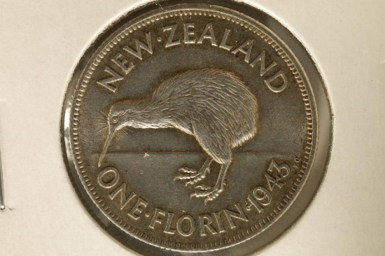 1943 NEW ZEALAND SILVER 1 FLORIN .1818 OZ. ASW AU+