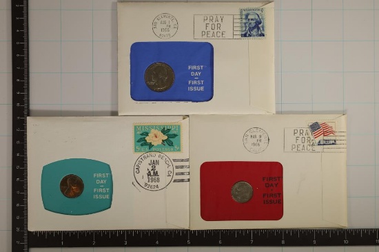 3 FIRST DAY COVER COIN ENVELOPES WITH CANCELLED
