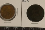 2-BRITISH COINS: 1893-HALF PENNY AND 1863-1 PENNY