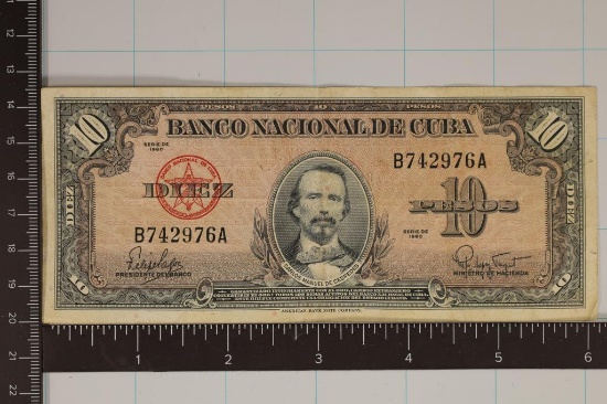 1960 CUBA 10 PESO BILL 2 PINHOLES RT. SIDE EDGE