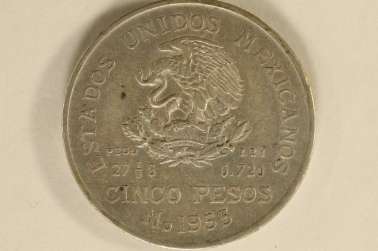 1953 MEXICO SILVER 5 PESO COIN .6431 OZ. ASW
