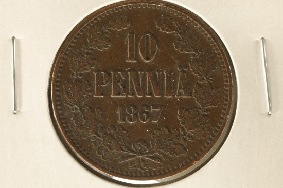 1867 FINLAND COPPER 10 PENNIA