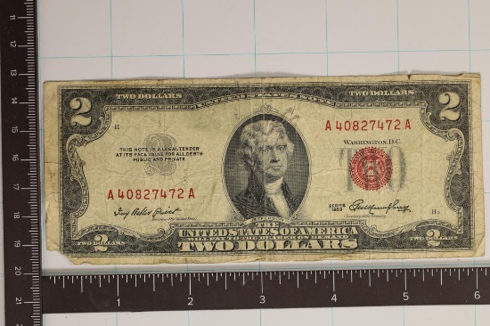 1953 US $2 RED SEAL NOTE BOTTOM EDGE IS TATTERED