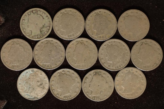 13 LIBERTY "V" NICKELS 1900-1912 1 OF EACH YEAR