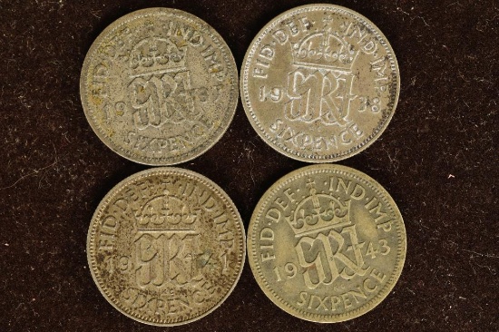 1937, 38, 41 & 1943 GREAT BRITAIN SILVER 6 PENCE