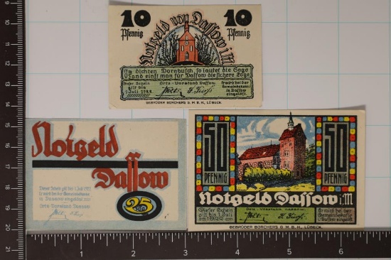 3 PIECE SET OF 1922 GERMAN DASSOW NOTGELDS 10, 25