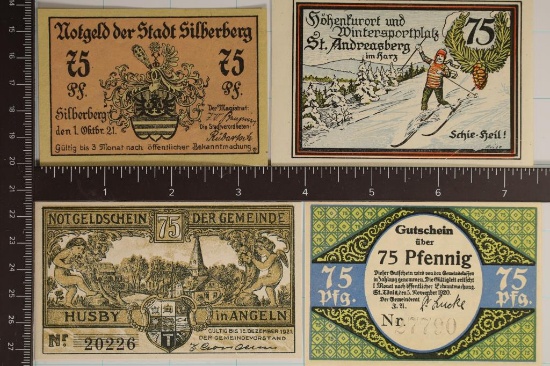 4-GERMAN NOTGELDS: ALL ARE 1921: 75 PFENNIGS ALL