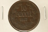 1867 FINLAND COPPER 10 PENNIA