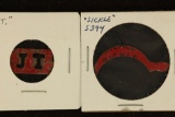 2 VINTAGE COLORIZED RED TOBACCO TAGS: J.T. &