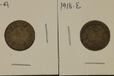 2 GERMAN SILVER 1/2 MARK COINS: 1915-A & 1918-E