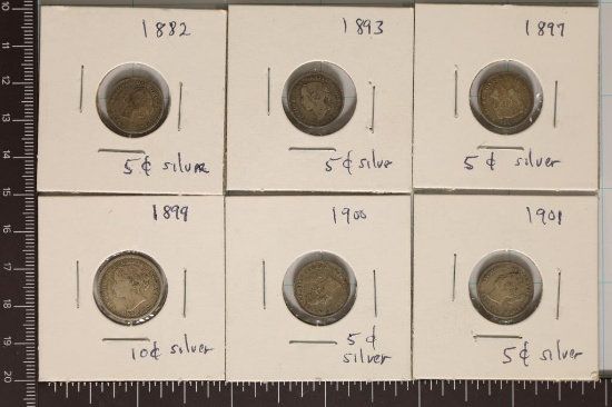 6 CANADA SILVER 5 CENT COINS: 1882, 1893, 1897,