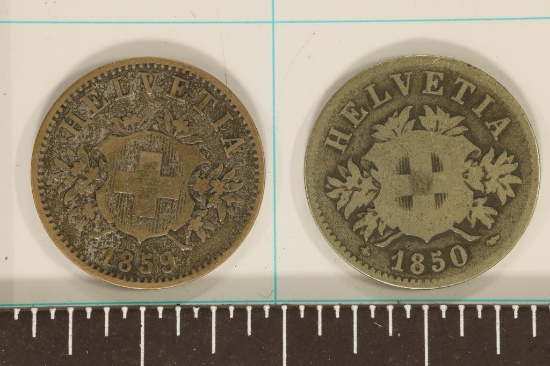 1850-BB & 1859-B SWITZERLAND 20 RAPPENS