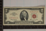 1963 US $2 RED SEAL BILL, CRISP AU 1 SMALL STAIN