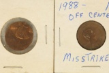2-ERROR OFF CENTER LINCOLN CENTS: 198? BU AND