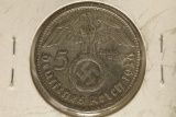 1934-A GERMAN 3RD REICH SILVER 5 MARK .4016