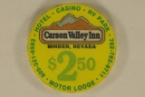 $2.50 CARSON VALLEY INN CASINO CHIP. MINDEN, NV.