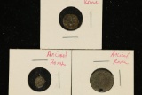 3 ROMAN ANCIENT COINS, 1 WITH HOLE