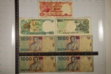 7 INDONESIA BILLS:1984-100 RUPIAH, 1988-500 RUPIAH