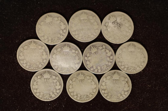 10 CANADA SILVER 10 CENT COINS: 1920-1937