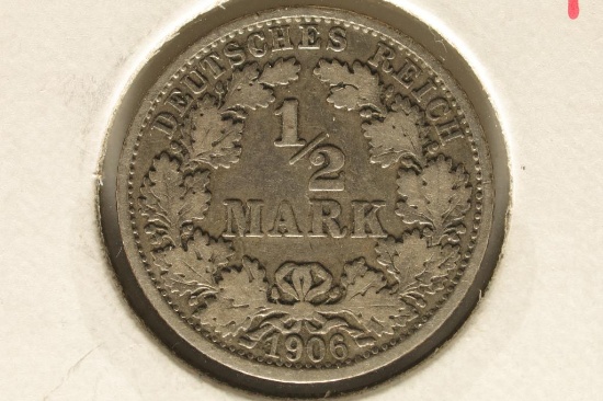 1906-F GERMAN SILVER 1/2 MARK COIN .0796 OZ. ASW