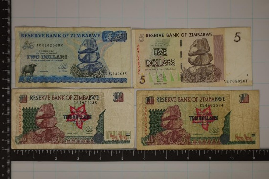 4 ZIMBABWE BILLS: 1994-$2, 2-1997 -$10 & 2007 - $5