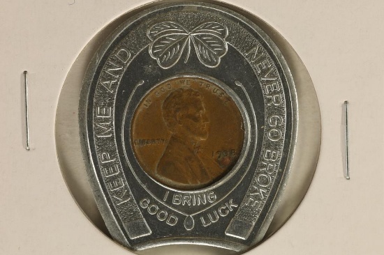 ENCASED 1938 LINCOLN WHEAT CENT. HORSE SHOE