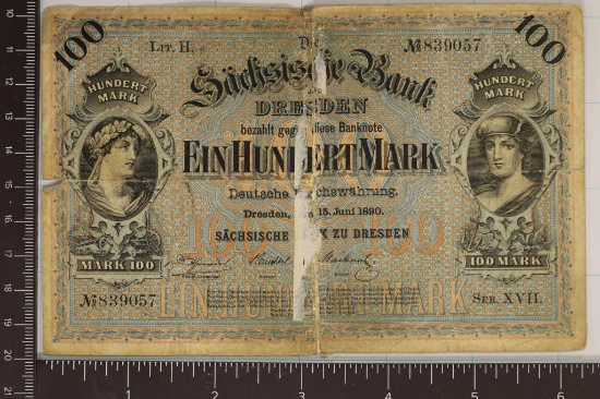 1890 GERMAN BANK OF SAXONY DRESDEN 100 MARK