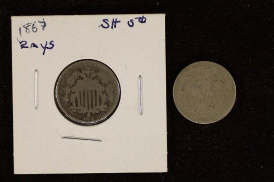 2 SHIELD NICKELS: 1867 NO RAYS & 1867 WITH RAYS