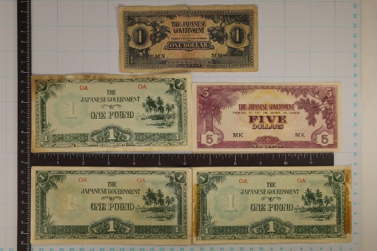 5 JAPANSES GOVERNMENT INVASION CURRENCY BILLS