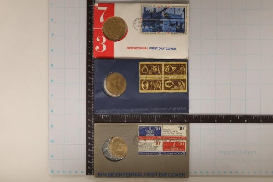3-BICENTENNIAL FDC'S WITH 1 1/2" MEDALS WITH