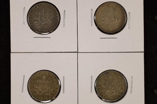 4-SILVER FRANCE 1 FRANC COINS: 1913, 1916, 1917 &