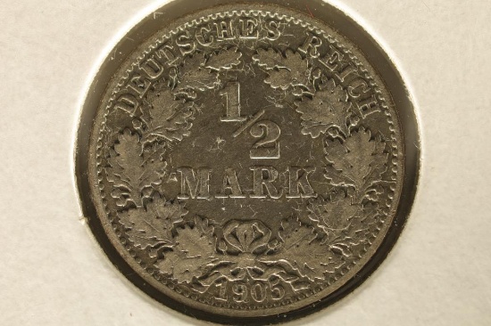 1905-E GERMAN SILVER 1/2 MARK COIN .0802 OZ. ASW