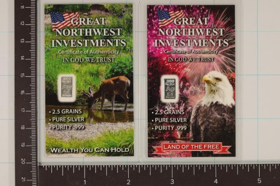 TWO-2.5 GRAIN SILVER BARS IN LAMINATED CARDS, .999