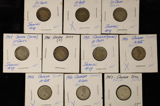 10 CANADA SILVER 10 CENT COINS: 1916-1964 (.60324