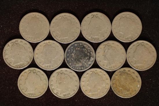 13 LIBERTY "V" NICKELS 1900-1912. ONE OF EACH DATE