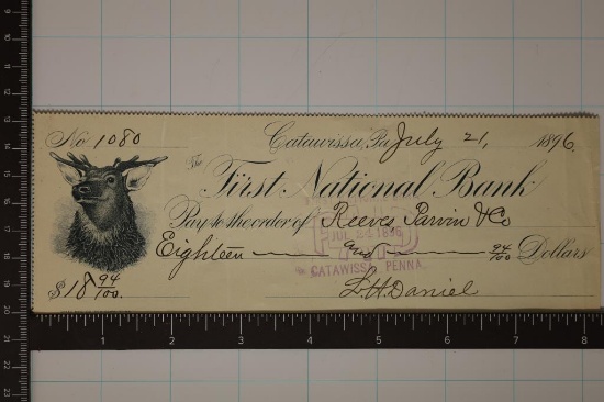 1896 FIRST NATIONAL BANK $18.94 CANCELLED CHECK