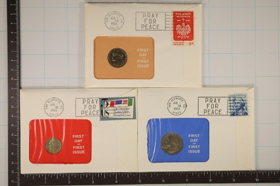 3-US COIN FIRST DAY COVERS WITH CANCELLED STAMPS
