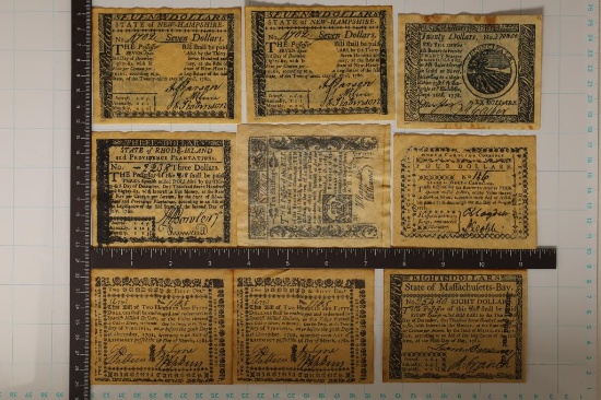 9 REPLICA COLONIAL & REVOLUTIONARY CURRENCY: