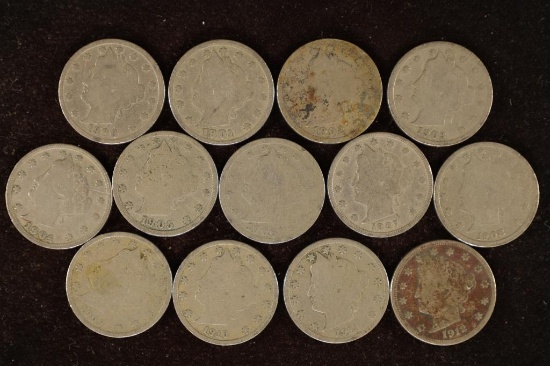 13 LIBERTY "V" NICKELS: 1900-1912 ONE OF EACH YEAR