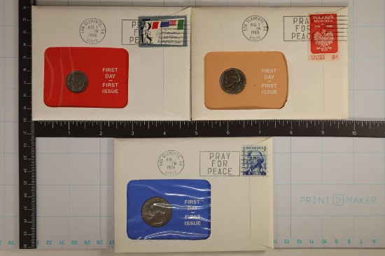 3-US COIN FDC ENVELOPES WITH CANCELLED STAMPS: