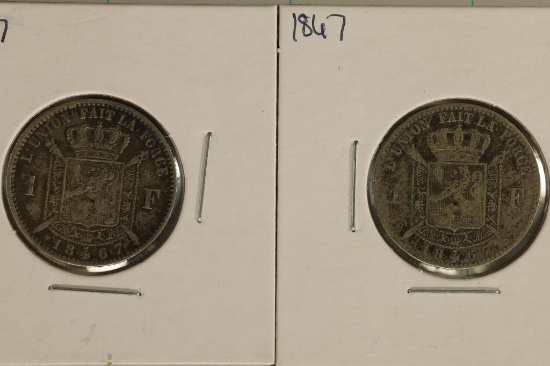 2-1867 BELGIUM SILVER 1 FRANC COINS .2684 OZ. ASW