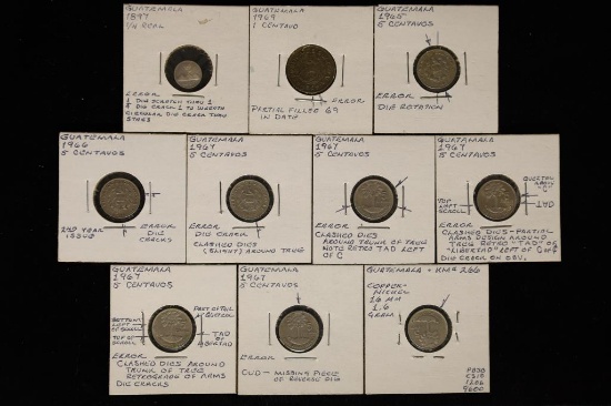 ERRORS-10 GUATEMALA COINS. DATED FROM 1897-1969