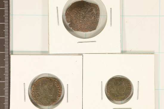 3 ROMAN ANCIENT COINS. 1 IS A CUPPED COIN