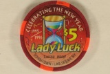 $5 LADY LUCK CASINO CHIP. 1995 CELEBRATING THE NEW