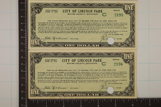 2-1934 LINCOLN PARK MICHIGAN $1 TAX CERTS. CRISP